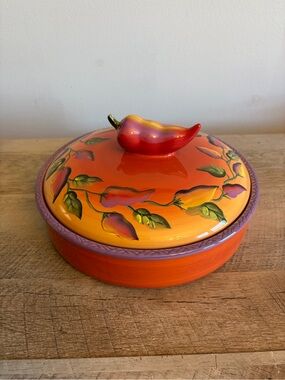 Clay Art Hand Painted Chili Fiesta Ceramic Tortilla Warmer Dish with Lid 9.75" D